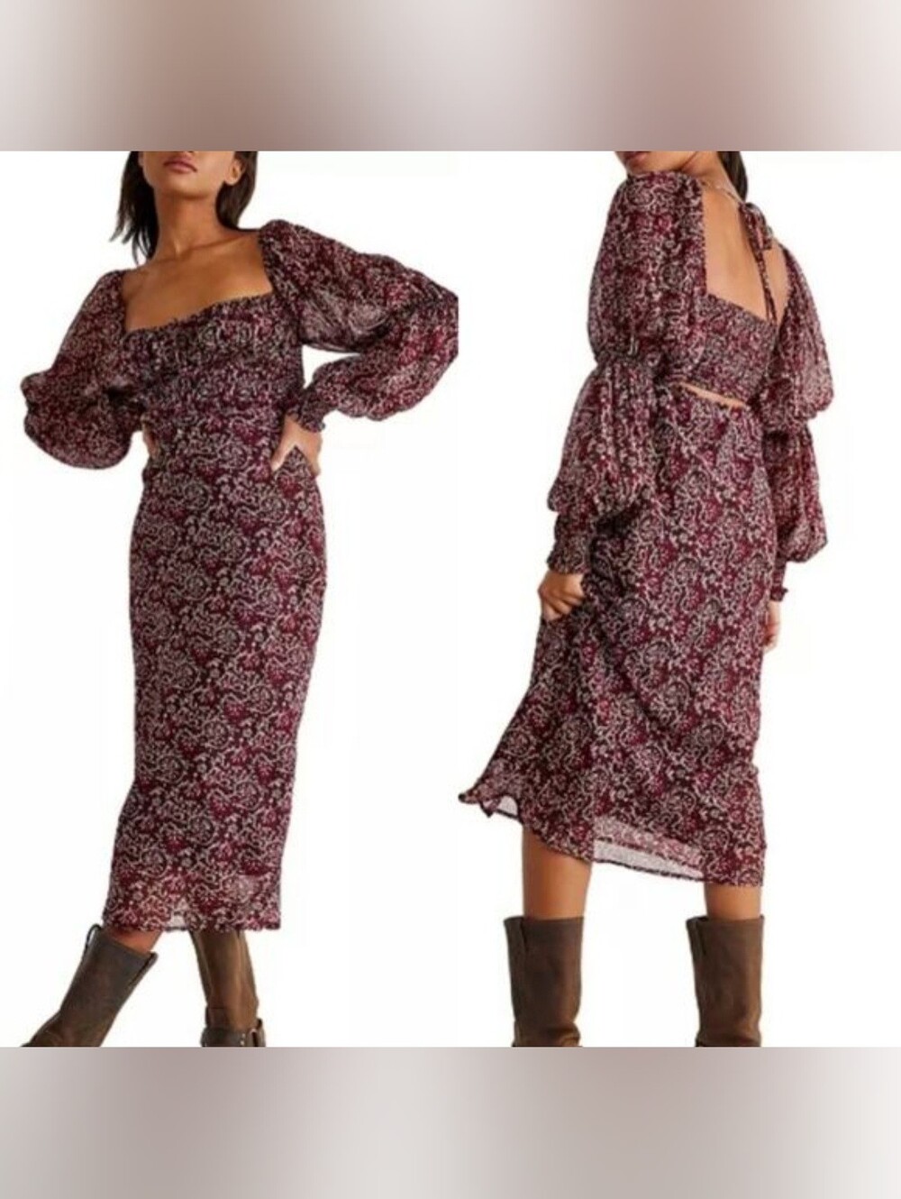 Free People Aglow Midi Dress in a Burgundy Floral print Sm NWT Boho/Cottagecore